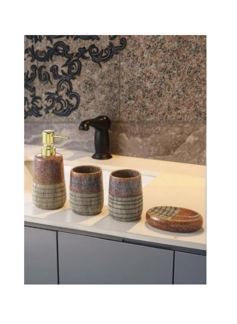 4 Piece Designer Ceramic Bathroom Accessories Set , Brown & Grey Gradient with Checkered Textured Pattern , Includes Soap Dispenser, Toothbrush Holder, Tumbler & Soap Dish , Artistic & Functional Countertop Décor
