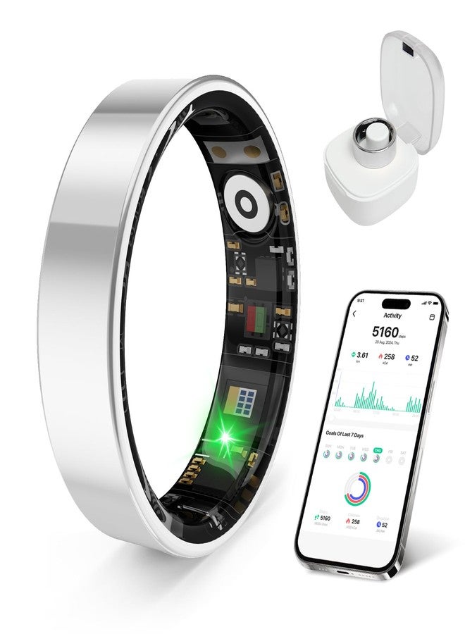 خاتم الصحة الذكي prxxhri، مزود بوظائف مراقبة الإجهاد والنوم، متوافق مع نظامي iOS وAndroid، جهاز تتبع اللياقة البدنية مقاوم للماء للنساء والرجال، بدون رسوم اشتراك. (فضي، 12) - Image 1