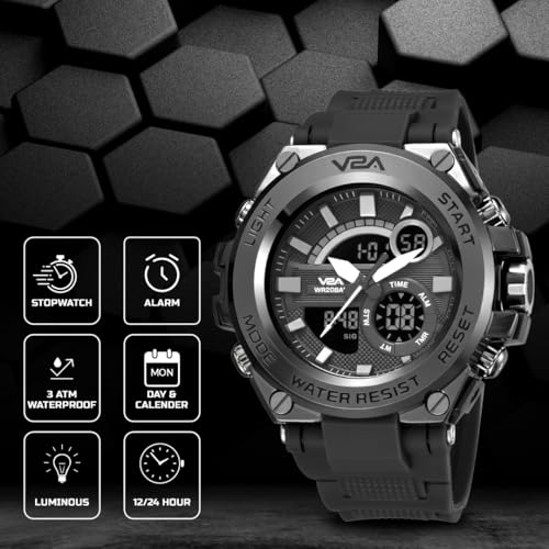 V2A Adventure Analogue and Digital Alloy Sports Watch for Men, Multifunction | Alarm | Stopwatch | 30 M Waterproof | Gift for Men (Black) - Image 4