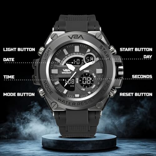 V2A Adventure Analogue and Digital Alloy Sports Watch for Men, Multifunction | Alarm | Stopwatch | 30 M Waterproof | Gift for Men (Black) - Image 3