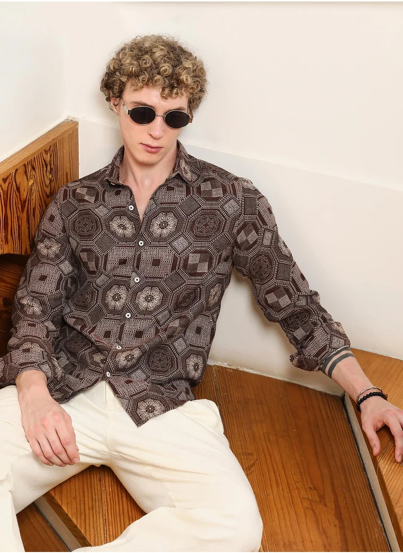 كامبوس سوترا Men's Geometric Pattern Cotton Blend Full Sleeve Shirt