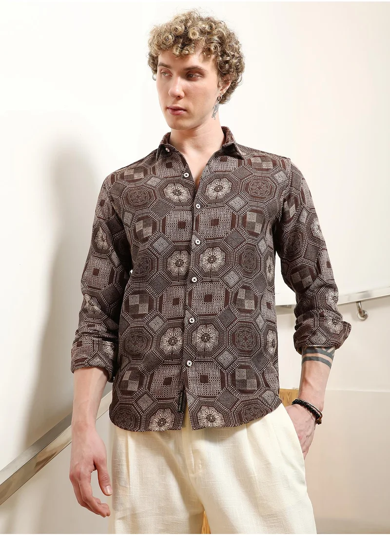 كامبوس سوترا Men's Geometric Pattern Cotton Blend Full Sleeve Shirt
