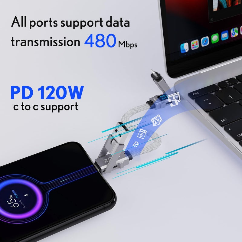 Pzoz شاحن محمول مع حلقة مفاتيح pzoz كابل قصير مع شاشة LED، مجموعة شحن سريعة متعددة USB C 4 في 1 مدمجة مع منافذ Lightning/Type C/USB A/USBC لجهاز iPhone و iPad و MacBook و AirPods و Samsung و Google (140 واط، 7.3 بوصة) - Image 4