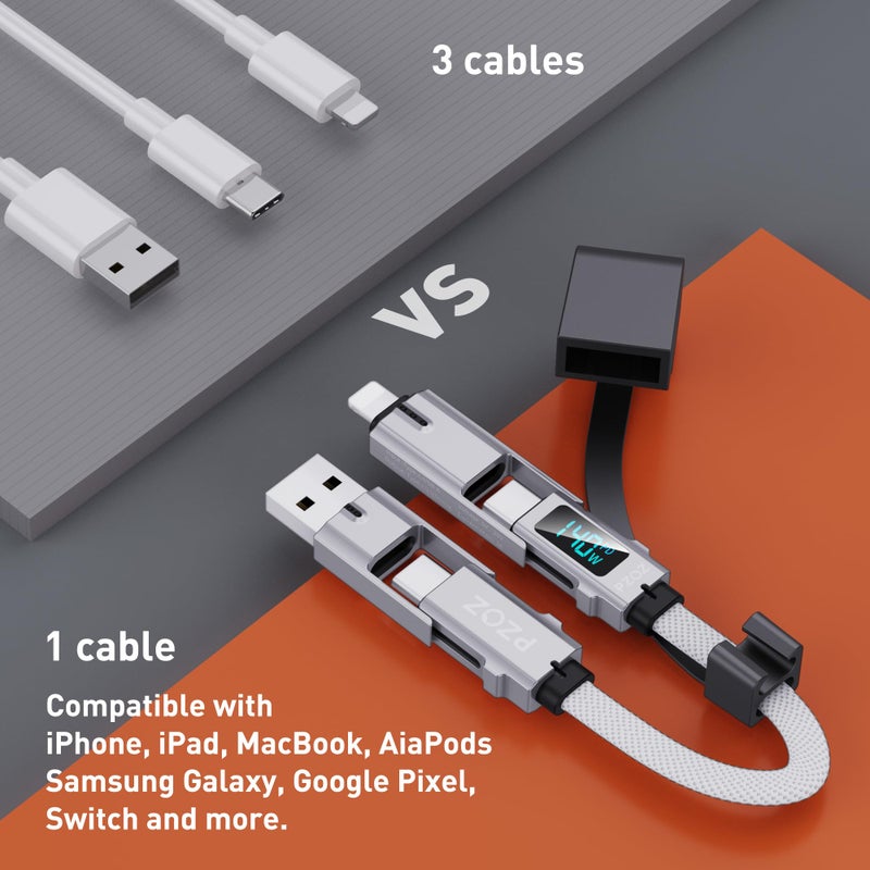 Pzoz شاحن محمول مع حلقة مفاتيح pzoz كابل قصير مع شاشة LED، مجموعة شحن سريعة متعددة USB C 4 في 1 مدمجة مع منافذ Lightning/Type C/USB A/USBC لجهاز iPhone و iPad و MacBook و AirPods و Samsung و Google (140 واط، 7.3 بوصة) - Image 5