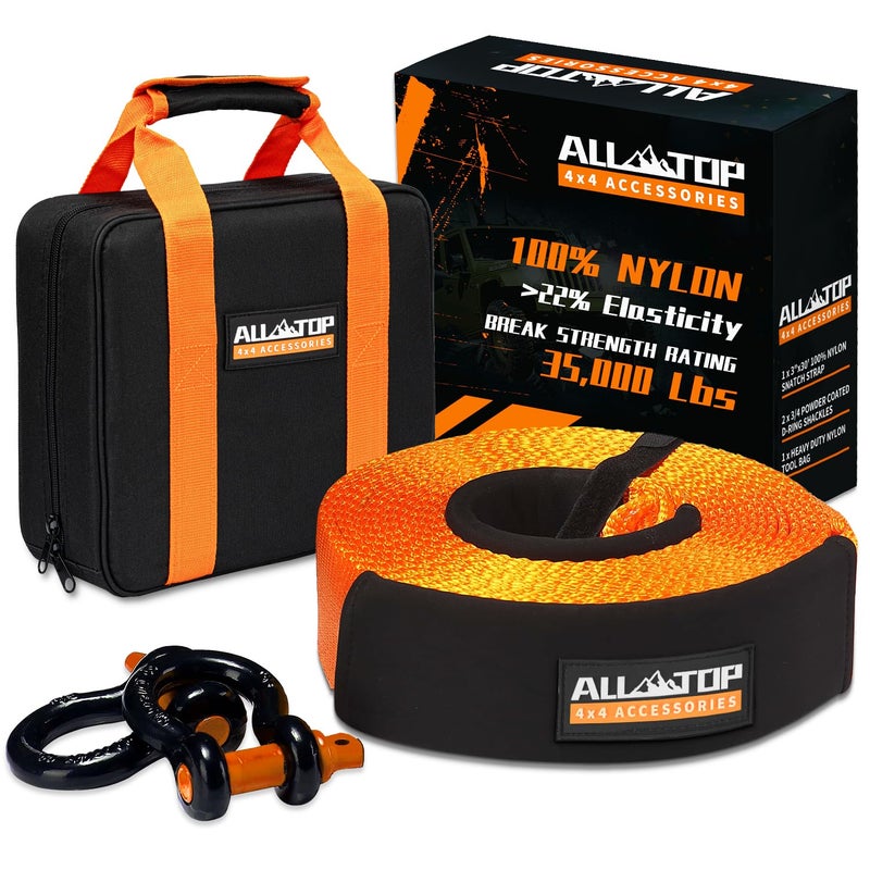 مجموعة حزام السحب الثقيل ALLTOP 3 بوصة × 30 قدم 35000 رطل 100 نايلون و 22 تمدد حزام السحب مع 34 حلقة D 2 قطع حقيبة تخزين