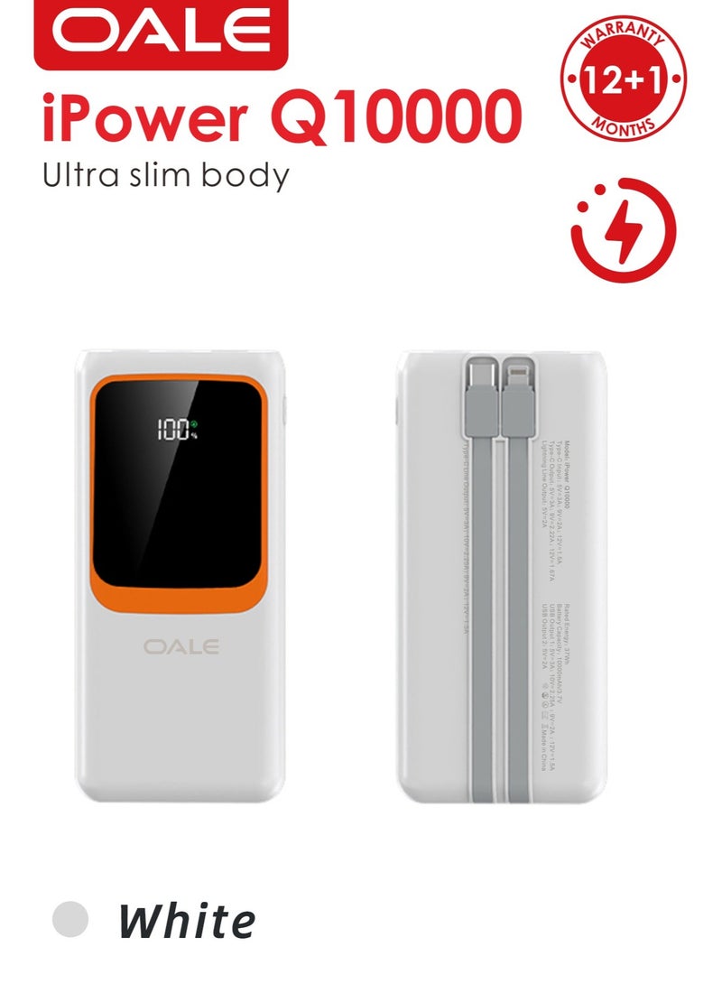 OALE iPower Q10000 White, 10000mAh Power Bank, 22.5W Fast Charging, Built-in Lightning & Type-C Cables, Dual USB Output, Large Digital Display - Image 1
