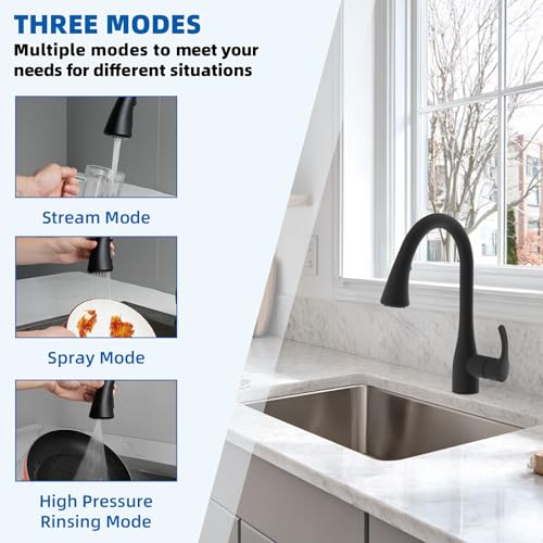 Hibbent Curved Pull Down Kitchen Faucet Head Replacement 3Function Kitchen Sink Spray Nozzle with 14 Adapters AntiSplash Compatible with Kohler Bent Faucets Matte Black - Image 3