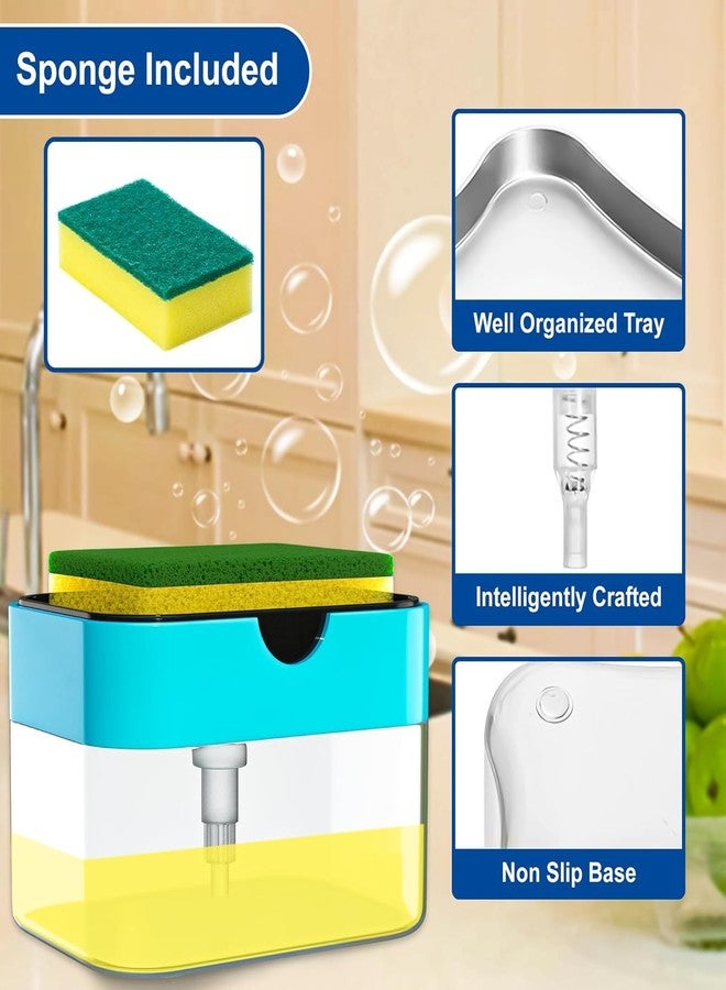 RIPIENO 2-in-1 Dish Soap Dispenser with Sponge Holder Liquid Dispenser Pump 400 ML, Turquoise Blue, Clear Container Kitchen Sink Accessories - Image 4