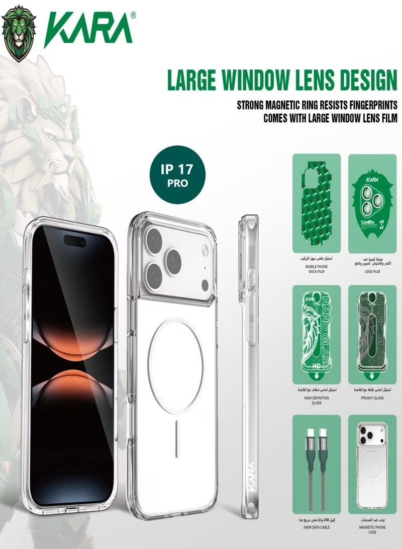 Khara KARA Shield iPhone 17 Pro Protection Bundle – Complete protection kit including an anti-yellowing shockproof clear case, 2 screen protectors (HD & privacy), camera lens protectors, a 240W USB-C charging cable, and a nano rear protection film for all-around protection of your iPhone 17 Pro. - Image 1
