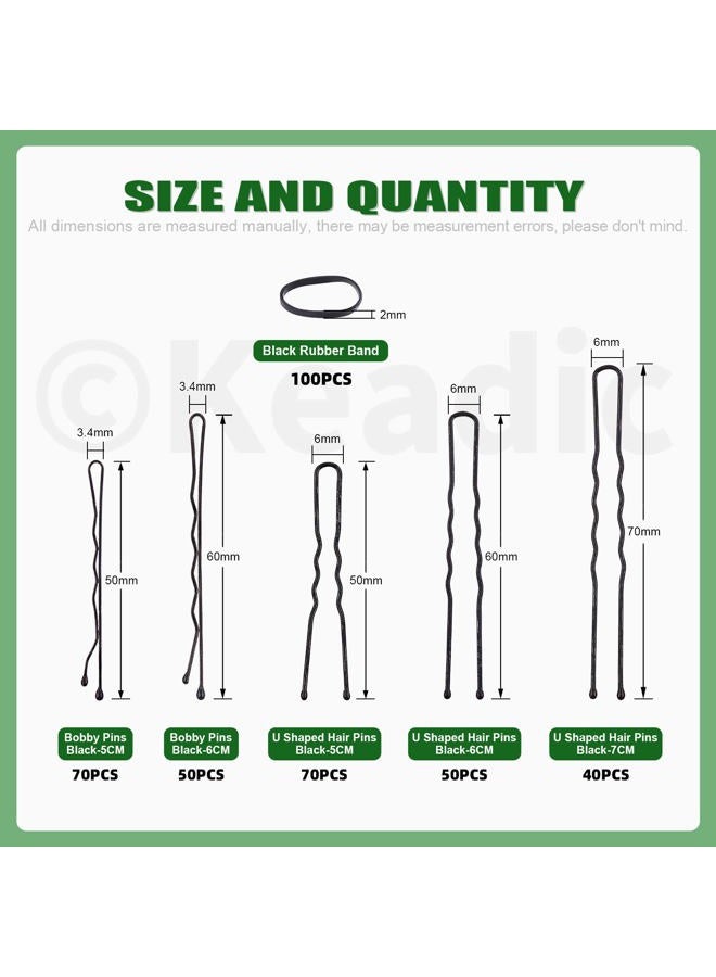 Keadic 381Pcs 3 Sizes Black Hair Bobby Pins Kit with Storage Case, 2” 2.4”2.8”U Shaped Hair Clips Bun Pins Secure Hold and Rubber Hair Bands Bulk for Women Wedding Hairstyles Decorative - Image 2