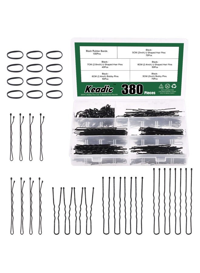 Keadic 381Pcs 3 Sizes Black Hair Bobby Pins Kit with Storage Case, 2” 2.4”2.8”U Shaped Hair Clips Bun Pins Secure Hold and Rubber Hair Bands Bulk for Women Wedding Hairstyles Decorative - Image 1