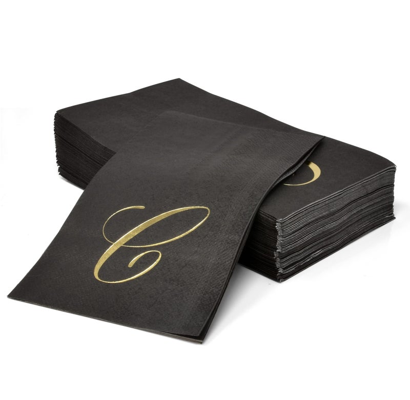 Gift Boutique Gift Boutique - 100 Gold Monogram on Black Guest Napkins Letter C Disposable Paper Pack Elegant Metallic Golden Foil Dinner Hand Napkin for Bathroom  Powder Room & Special Events  Decorative Towels  - Image 1