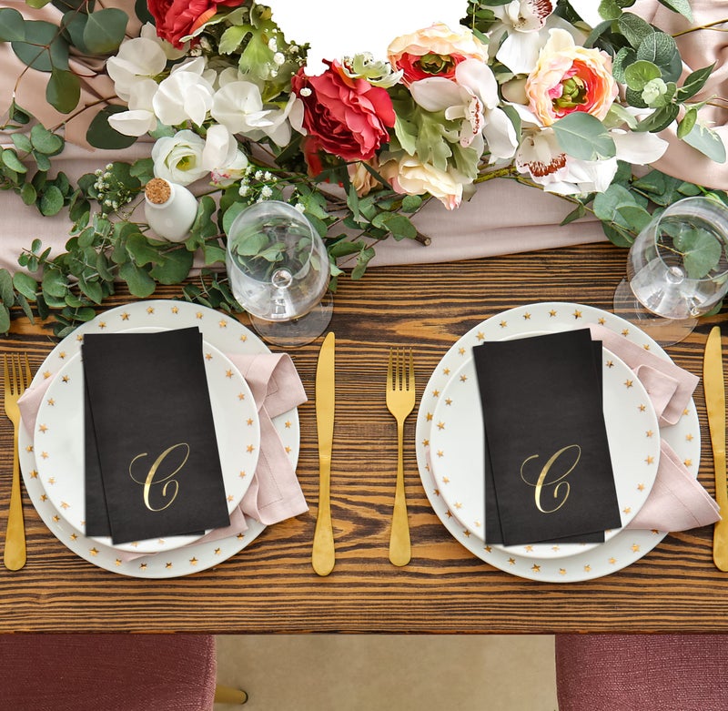 Gift Boutique Gift Boutique - 100 Gold Monogram on Black Guest Napkins Letter C Disposable Paper Pack Elegant Metallic Golden Foil Dinner Hand Napkin for Bathroom  Powder Room & Special Events  Decorative Towels  - Image 3
