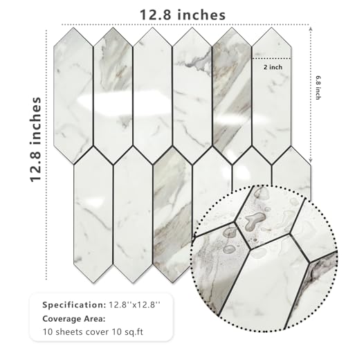 Vamos Tile بلاط فاموس لامع كارارا الأبيض لواجهة المطبخ، 12.8 × 12.8 بوصة، 10 ورقات بلاط موزاييك سداسي الشكل ذاتية اللصق من PVC، لواجهة المطبخ والحمام - Image 5