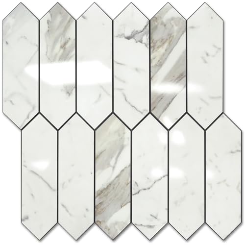 Vamos Tile بلاط فاموس لامع كارارا الأبيض لواجهة المطبخ، 12.8 × 12.8 بوصة، 10 ورقات بلاط موزاييك سداسي الشكل ذاتية اللصق من PVC، لواجهة المطبخ والحمام - Image 1