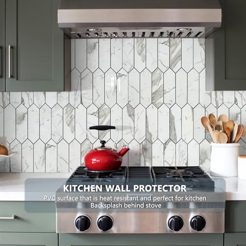Vamos Tile بلاط فاموس لامع كارارا الأبيض لواجهة المطبخ، 12.8 × 12.8 بوصة، 10 ورقات بلاط موزاييك سداسي الشكل ذاتية اللصق من PVC، لواجهة المطبخ والحمام - Image 2