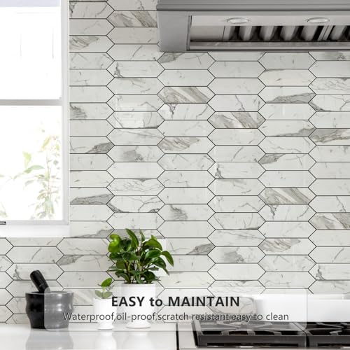 Vamos Tile بلاط فاموس لامع كارارا الأبيض لواجهة المطبخ، 12.8 × 12.8 بوصة، 10 ورقات بلاط موزاييك سداسي الشكل ذاتية اللصق من PVC، لواجهة المطبخ والحمام - Image 3