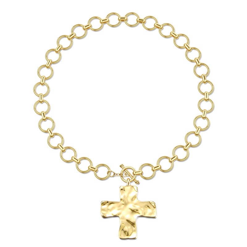 TEN MIRO 18k Gold Chunky Cross Necklace for Women Non Tarnish Cross Choker Necklaces Hammered Bold Statement Necklace Stacks Chunky Gold Chain Stacked Link Chain Necklaces - Image 1