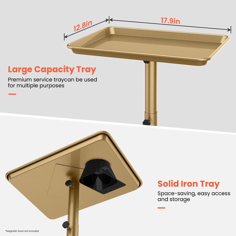 TASALON Premium Salon Tray on Wheels, Aluminum Salon Rolling Tray Trolley for Salon Essentials, Adjustable Height Provides Ample Storage for Hairstylist Tray, Tattoo Tray and Clinic Tray Use - Gloden - Image 3