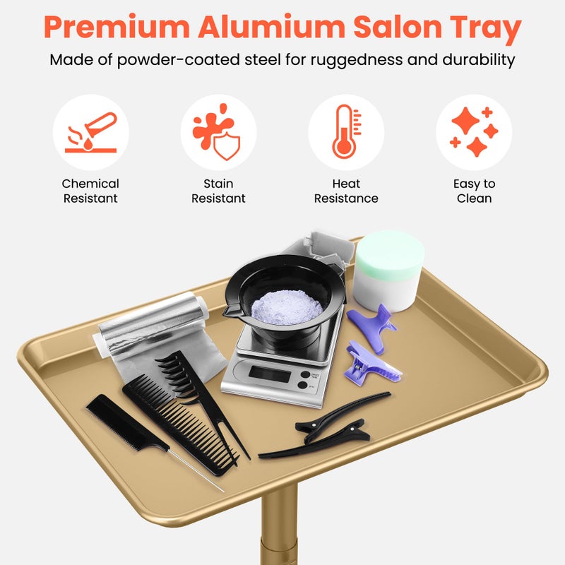 TASALON Premium Salon Tray on Wheels, Aluminum Salon Rolling Tray Trolley for Salon Essentials, Adjustable Height Provides Ample Storage for Hairstylist Tray, Tattoo Tray and Clinic Tray Use - Gloden - Image 4