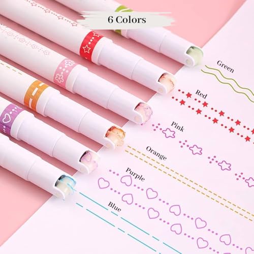 R H LIFESTYLE Roller Liner Pen Set | 6-Piece Patterned Border Markers| Aesthetic Curve Highlighter Set for Planner Scrapbook Bullet Journaling & School Supplies. Pack of 6(DOT LINEAR HIGHLIGHTER) - Image 2