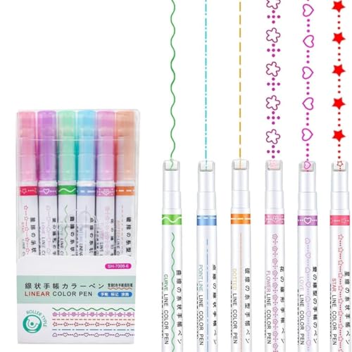 R H LIFESTYLE Roller Liner Pen Set | 6-Piece Patterned Border Markers| Aesthetic Curve Highlighter Set for Planner Scrapbook Bullet Journaling & School Supplies. Pack of 6(DOT LINEAR HIGHLIGHTER) - Image 1