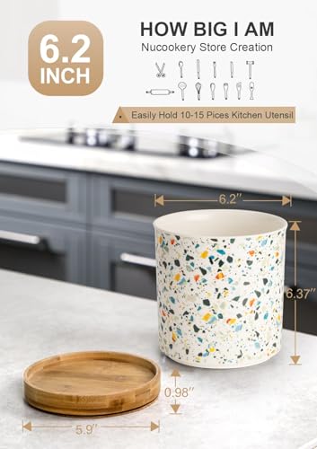 Nucookery 360°Rotating Utensil Holder, 7.2" Kitchen Utensil Crock, Ceramic Cooking Utensil Organizer with Countertop-Protection Cork Bottom for Farmhouse Kitchen Decor Christmas (Marble Pattern) - Image 2
