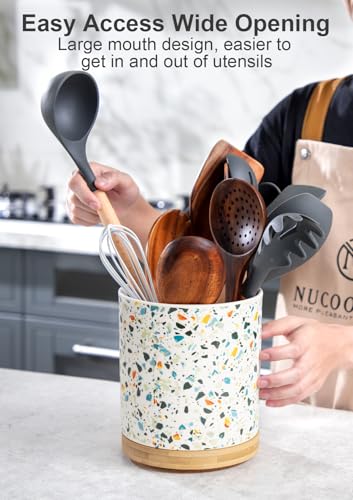 Nucookery 360°Rotating Utensil Holder, 7.2" Kitchen Utensil Crock, Ceramic Cooking Utensil Organizer with Countertop-Protection Cork Bottom for Farmhouse Kitchen Decor Christmas (Marble Pattern) - Image 3