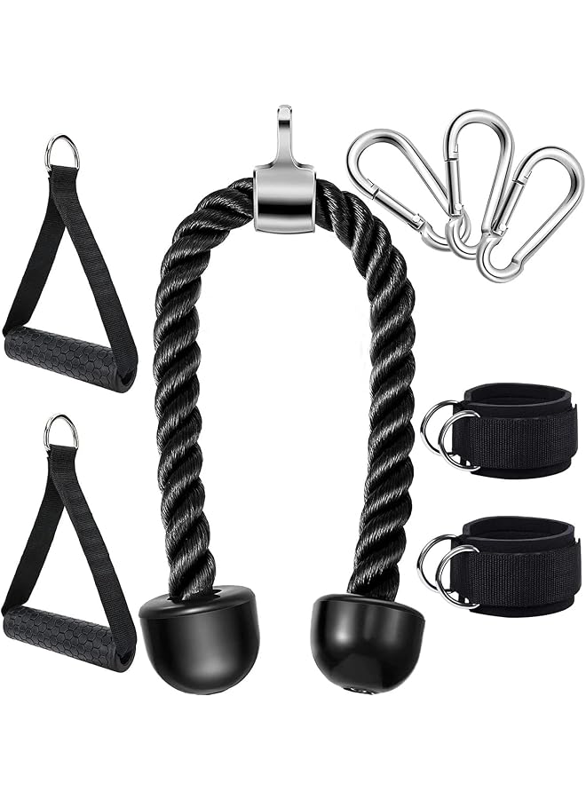 X spring Tricep Rope Cable Machine Attachment Triceps Pull Down Rope 2 Cable Handles 3 Carabiner clips and 2 Ankle Straps Nylon Home Gym Accessories for Arm Strength Workout Training - Image 1