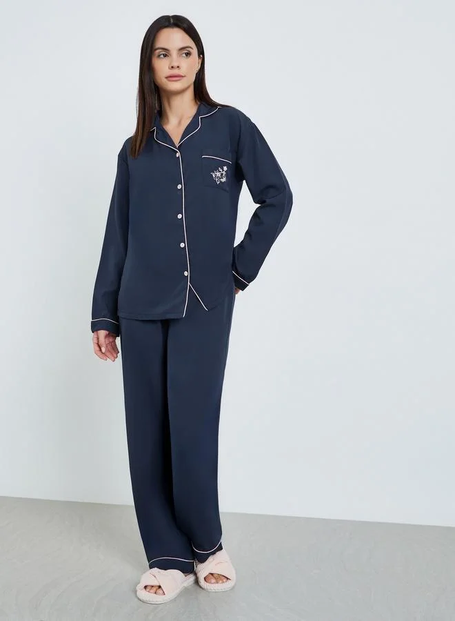 Styli Women Navy Blue Long Sleeve Shirt and Pyjama Set
