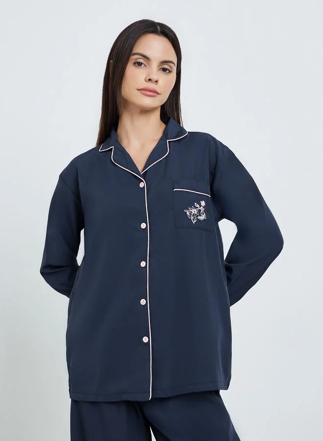 Styli Women Navy Blue Long Sleeve Shirt and Pyjama Set