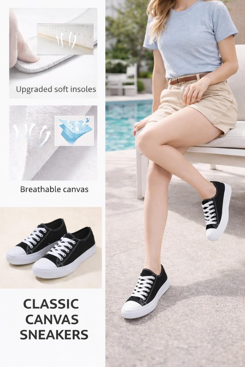 hello basics Canvas Shoes for Women Casual Low Top Black and White Sneakers Fashion Womens Tennis Shoes, Black White, Size 5 - Image 5