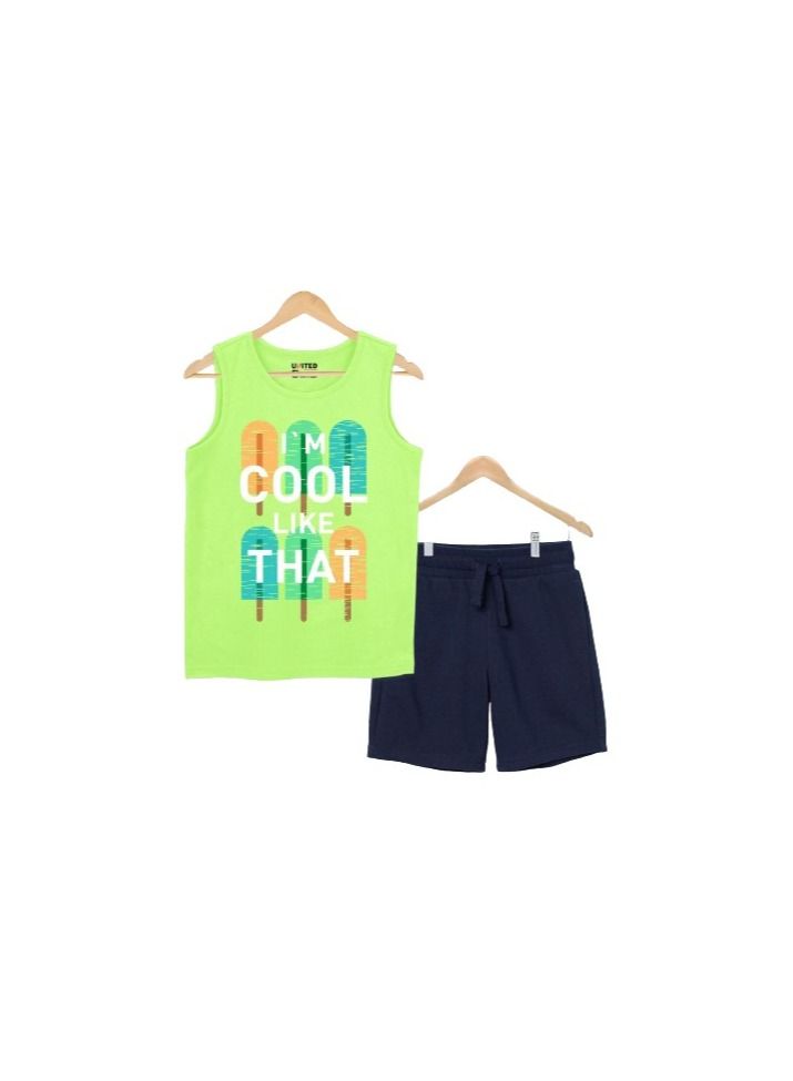 A Boy's Set Consisting Of  Green T-Shirt and Dark Blue Shorts 