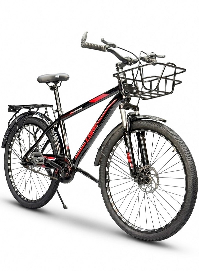 تايجر دراجة متعددة الاستخدامات مقاس 26 بوصة – فرامل ديسك – مساعد أمامي – سلة أمامية وحامل خلفي – رفارف معدن – مناسبة للطول 150 إلى 180 سم - Image 1