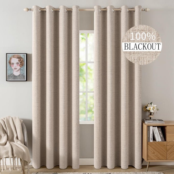 MIULEE 100 Blackout Linen Textured Curtains for Bedroom Solid Thermal Insulated Natural Beige Grommet Room Darkening Curtains  Drapes Luxury Decor for Living Room Nursery 52 x 84 Inch 2 Panels