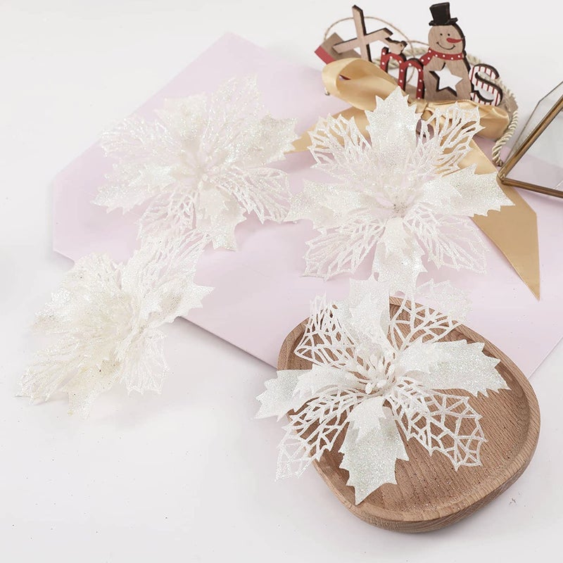 Wironlst 16 Pcs Glitter Poinsettia Flowers Artificial - Christmas White Poinsettia Decorations Tree Flowers Ornaments for Xmas/Holiday/Seasonal/Wedding Decor - Image 3