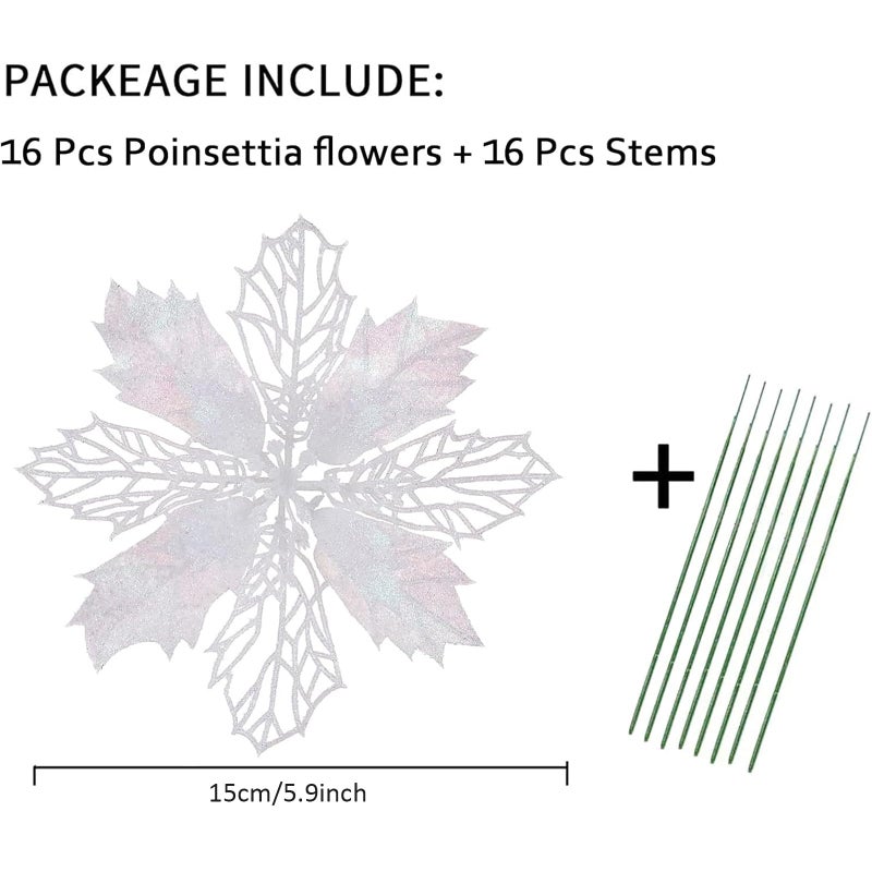 Wironlst 16 Pcs Glitter Poinsettia Flowers Artificial - Christmas White Poinsettia Decorations Tree Flowers Ornaments for Xmas/Holiday/Seasonal/Wedding Decor - Image 2