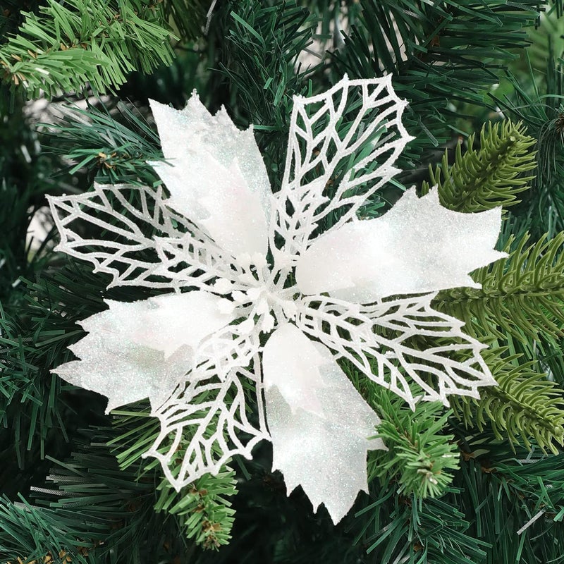 Wironlst 16 Pcs Glitter Poinsettia Flowers Artificial - Christmas White Poinsettia Decorations Tree Flowers Ornaments for Xmas/Holiday/Seasonal/Wedding Decor - Image 1