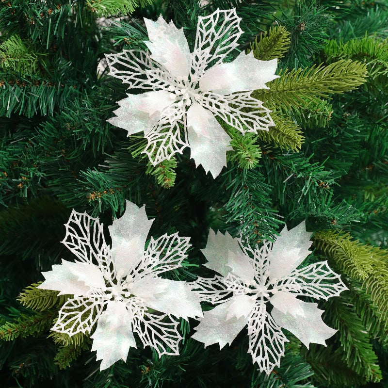 Wironlst 16 Pcs Glitter Poinsettia Flowers Artificial - Christmas White Poinsettia Decorations Tree Flowers Ornaments for Xmas/Holiday/Seasonal/Wedding Decor - Image 5