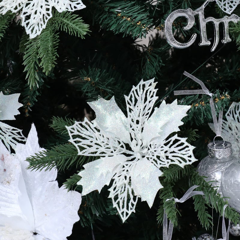 Wironlst 16 Pcs Glitter Poinsettia Flowers Artificial - Christmas White Poinsettia Decorations Tree Flowers Ornaments for Xmas/Holiday/Seasonal/Wedding Decor - Image 4