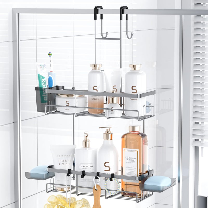 Aitatty Hanging Shower Caddy Over Door Silver Rustproof Shower Organizer over the Door No Drilling Bathroom Rack for Inside Shower