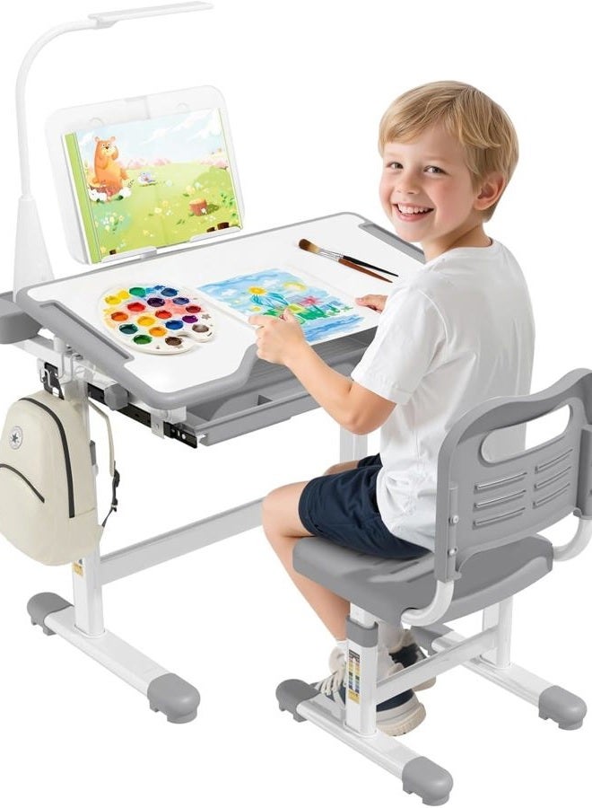 BIERUM Kids Desk and Chair Set - Height Adjustable 55° Tiltable Student Desk, Ergonomic Widened Desktop Table with Painting Mat, Bookstand and 3 Modes LED Lamps for Kids Ages 3-12, Gray - Image 1