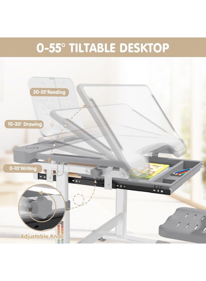 BIERUM Kids Desk and Chair Set - Height Adjustable 55° Tiltable Student Desk, Ergonomic Widened Desktop Table with Painting Mat, Bookstand and 3 Modes LED Lamps for Kids Ages 3-12, Gray - Image 2