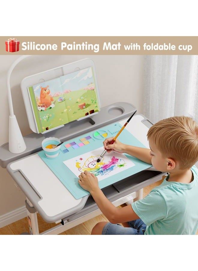 BIERUM Kids Desk and Chair Set - Height Adjustable 55° Tiltable Student Desk, Ergonomic Widened Desktop Table with Painting Mat, Bookstand and 3 Modes LED Lamps for Kids Ages 3-12, Gray - Image 4