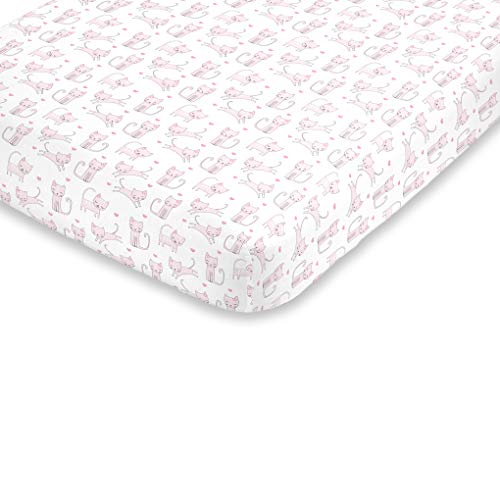 NoJo Super Soft Pink & White Purrdy Kitty Cat Fitted Crib Sheet, Pink, White - Image 1