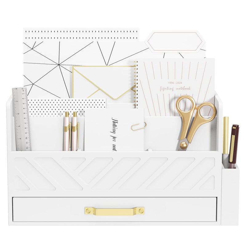 WISUCART Bamboo Desk Organizer Mail Holder Countertop Wood Desk Drawer Tabletop Storage Box Pen Holder Letter Sorter Makeup Organizer for School Home Office Supplies with Pen Holder White - Image 1