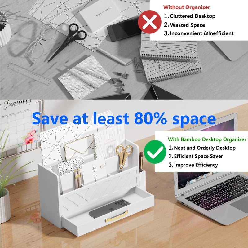 WISUCART Bamboo Desk Organizer Mail Holder Countertop Wood Desk Drawer Tabletop Storage Box Pen Holder Letter Sorter Makeup Organizer for School Home Office Supplies with Pen Holder White - Image 5