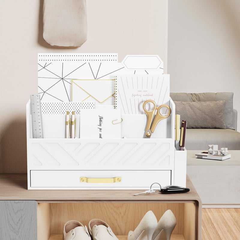 WISUCART Bamboo Desk Organizer Mail Holder Countertop Wood Desk Drawer Tabletop Storage Box Pen Holder Letter Sorter Makeup Organizer for School Home Office Supplies with Pen Holder White - Image 2