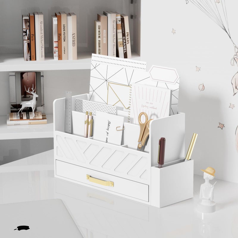 WISUCART Bamboo Desk Organizer Mail Holder Countertop Wood Desk Drawer Tabletop Storage Box Pen Holder Letter Sorter Makeup Organizer for School Home Office Supplies with Pen Holder White - Image 3