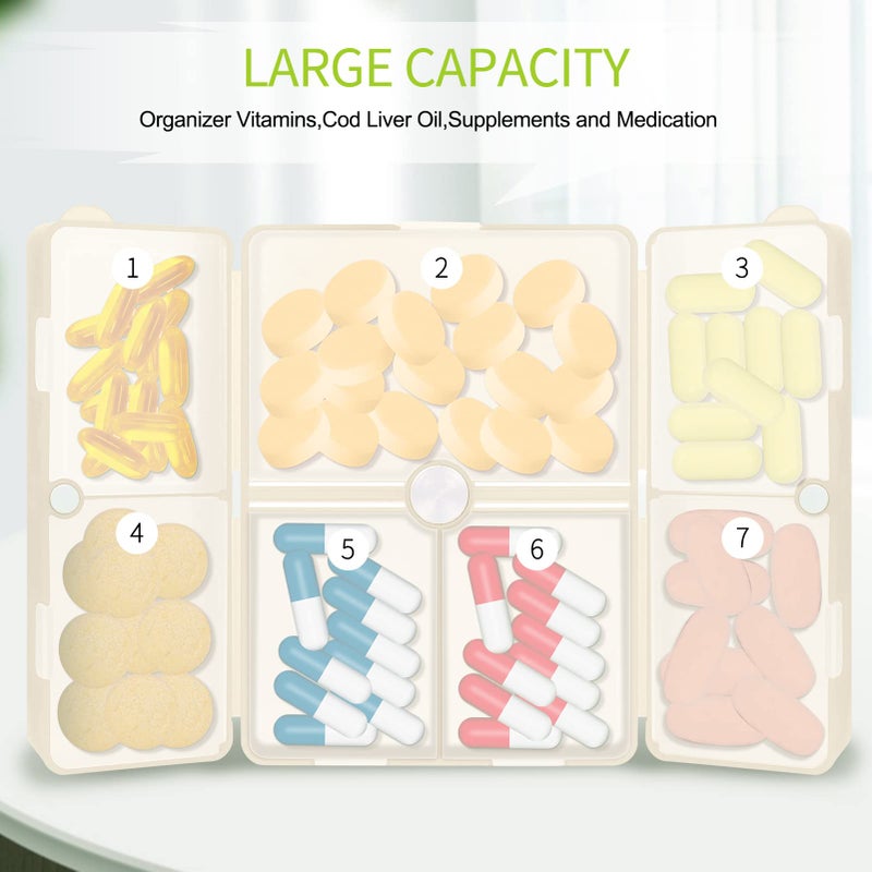 FYY Daily Pill Organizer,7 Compartments Portable Case [Folding Design] Travel Pill Box for Purse Pocket to Hold Vitamins,Cod Liver Oil,Supplements and Medication-White - Image 2